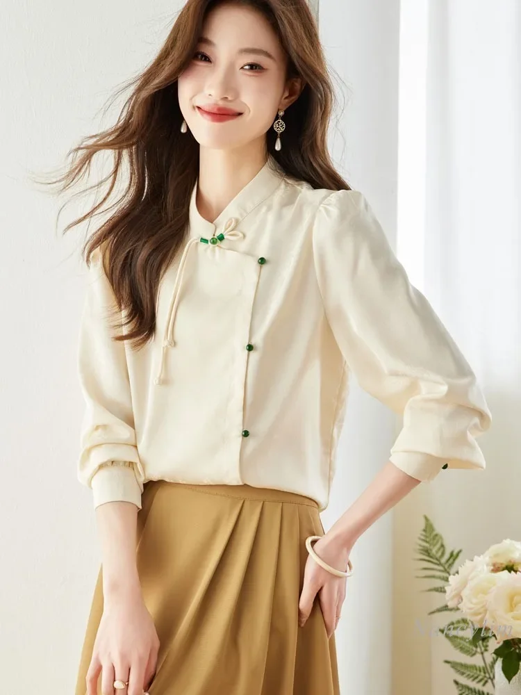 New Chinese Button Chiffon Blouse Women's Autumn Top 2024 New Design Temperament High-end National Style Long-sleeved Shirt