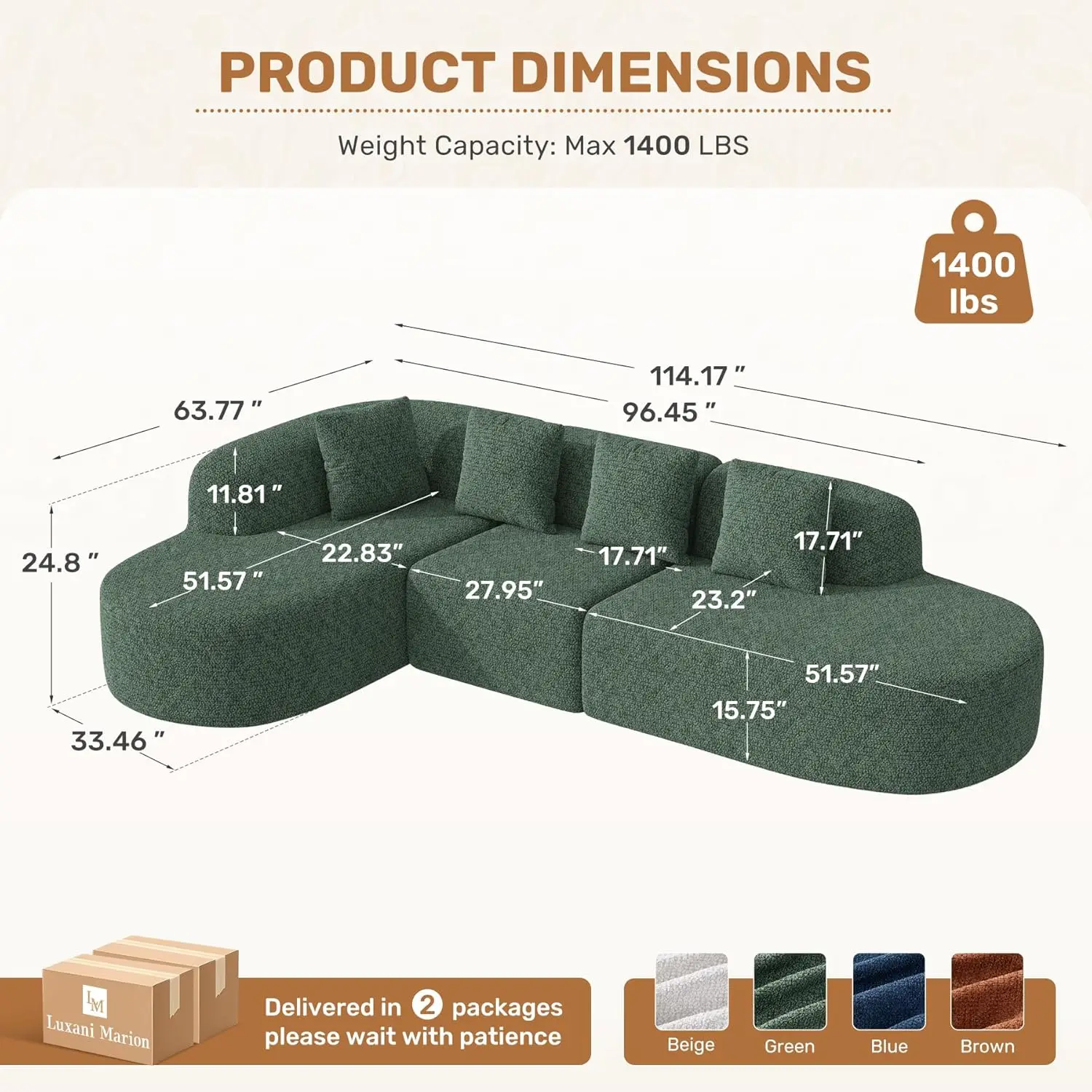 114 Inch Boneless Curved Couches for Living Room,Modern Modular Sectional Sofa with Chaise,L-Shape Cloud Sectional, Customized view 2
