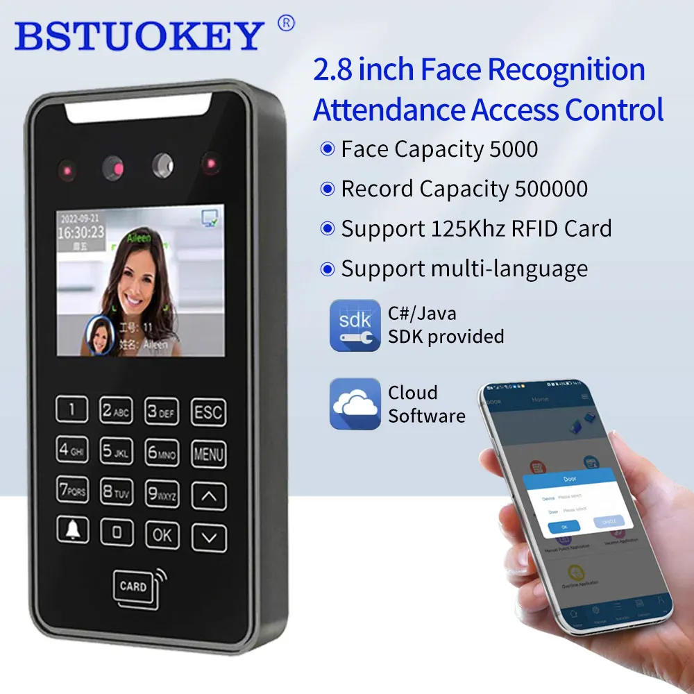 

2MP HD 2.8inch 5000User Biometric Face Recognition Access Control System TCP IP Wifi Cloud Software SDK Staff Attendance Reader