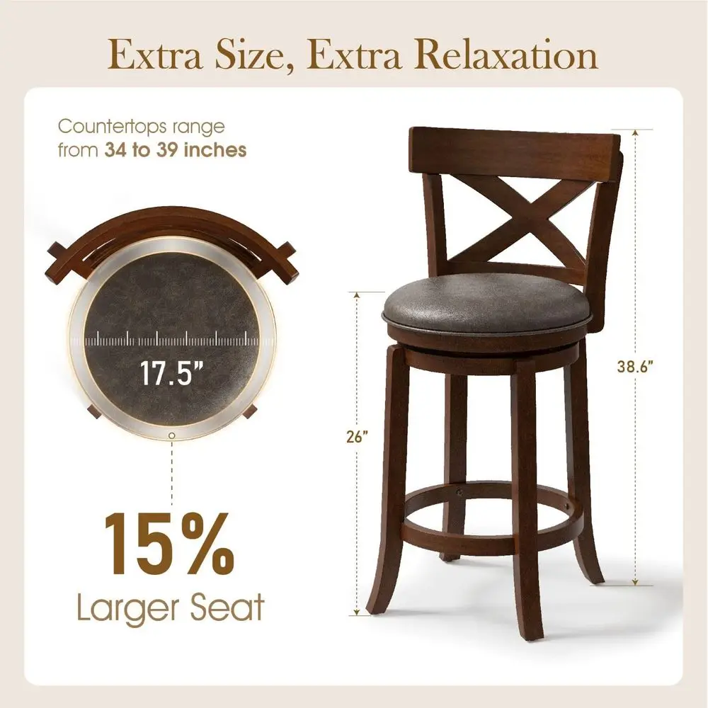 

Swivel Bar Stools Set of 2, 26 Inch Counter Height Barstools with Cross Back amp Solid Wood Legs,Modern Faux Leather Bar Chairs