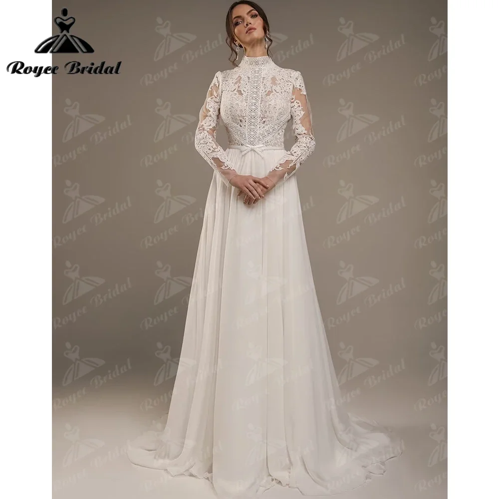 Vestido de novia robe de mariee con tren de manga larga con encaje lujoso cuello alto elegante vestido de novia bohemio de gasa nupcial