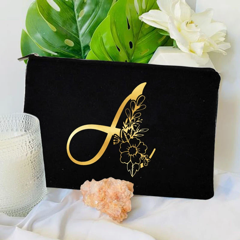 Bolsa de maquillaje con patrón de iniciales del alfabeto, estuche organizador de cosméticos portátil de gran capacidad, fuente dorada, regalo para maestros, damas de honor, 26