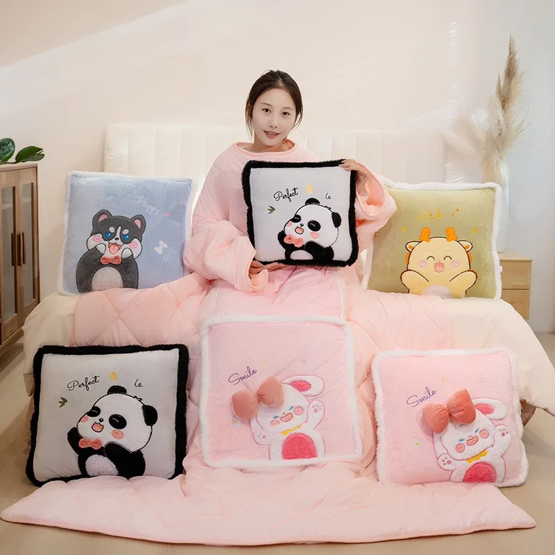 Wearable Lazy Quilt With Sleeves 2in1 Pillow Blanket Cartoon Thick Warm Office Nap Sofa Car Travel Foldable Pillow Quilt Winter