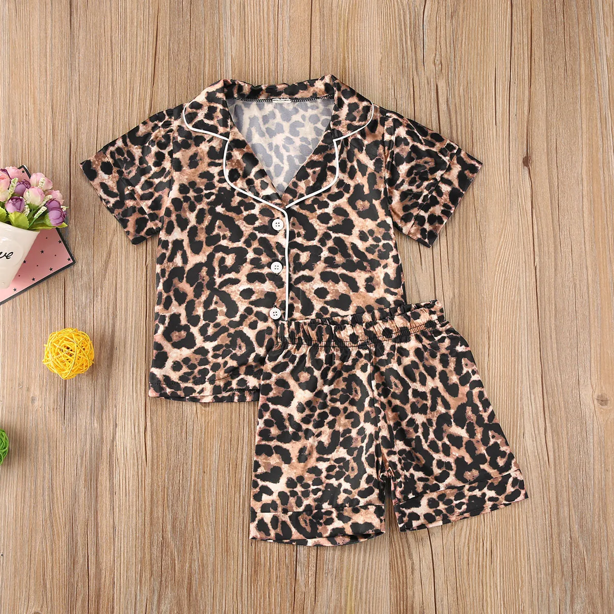 SXYPAYXS-Boys Girls Pyjama Set Leopard Print Long Short Sleeve Top Elasticated Waistband Shorts Pants Kids 2 Pyjama Set