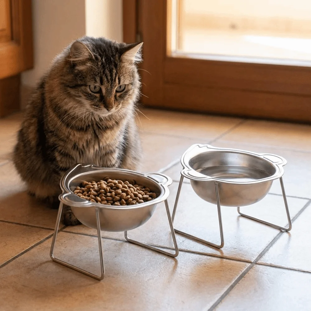 

Stainless Steel Raised Cat Bowls 15 Degree Inclined Neck Protection Cat Food Water Bowl with Stand Detachable Pet Food Dispenser