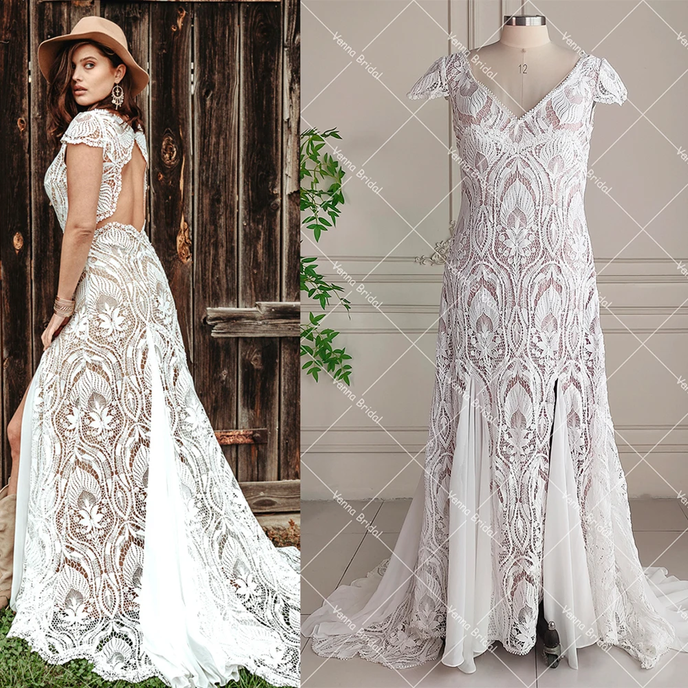 Short Cap Sleeves V Neck Wedding Dress Boho Customized Cutout Lace Hippie  Open Back High Split Rustic Backless Bridal Gowns - AliExpress 320