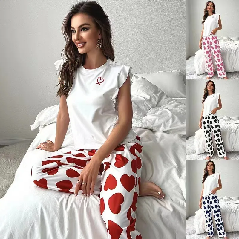 Love-themed printed Ladies Home Clothes Set Heart Print Small Flying Sleeve Long Pants with Lace Hem Striped outside Sleepwear