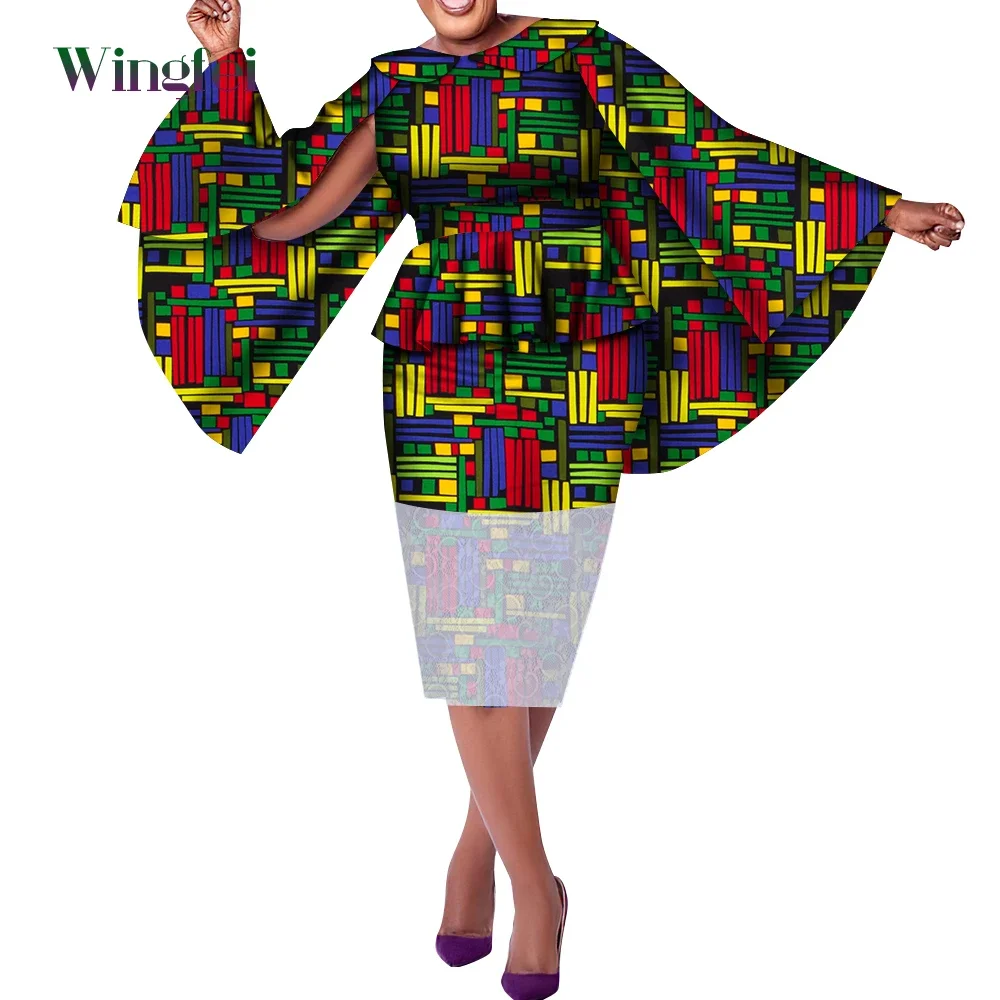 African Clothes for Women Wedding 2 Pieces Set African Print Top Shirts and Skirt Flare Sleeve Dashiki Party Outfits WY1406