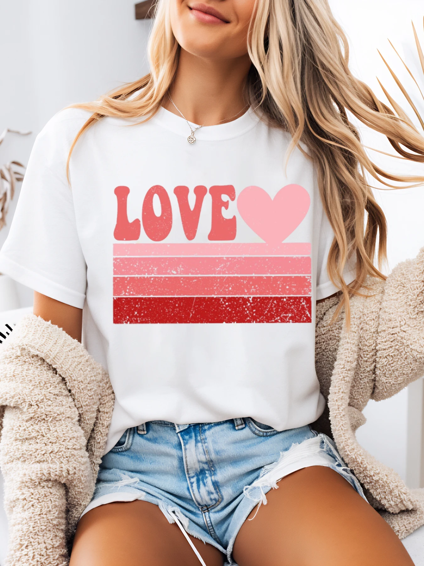 

Love Heart Stripe Print Valentine's Day T-Shirt Women Casual Summer Wear White Plus-Size