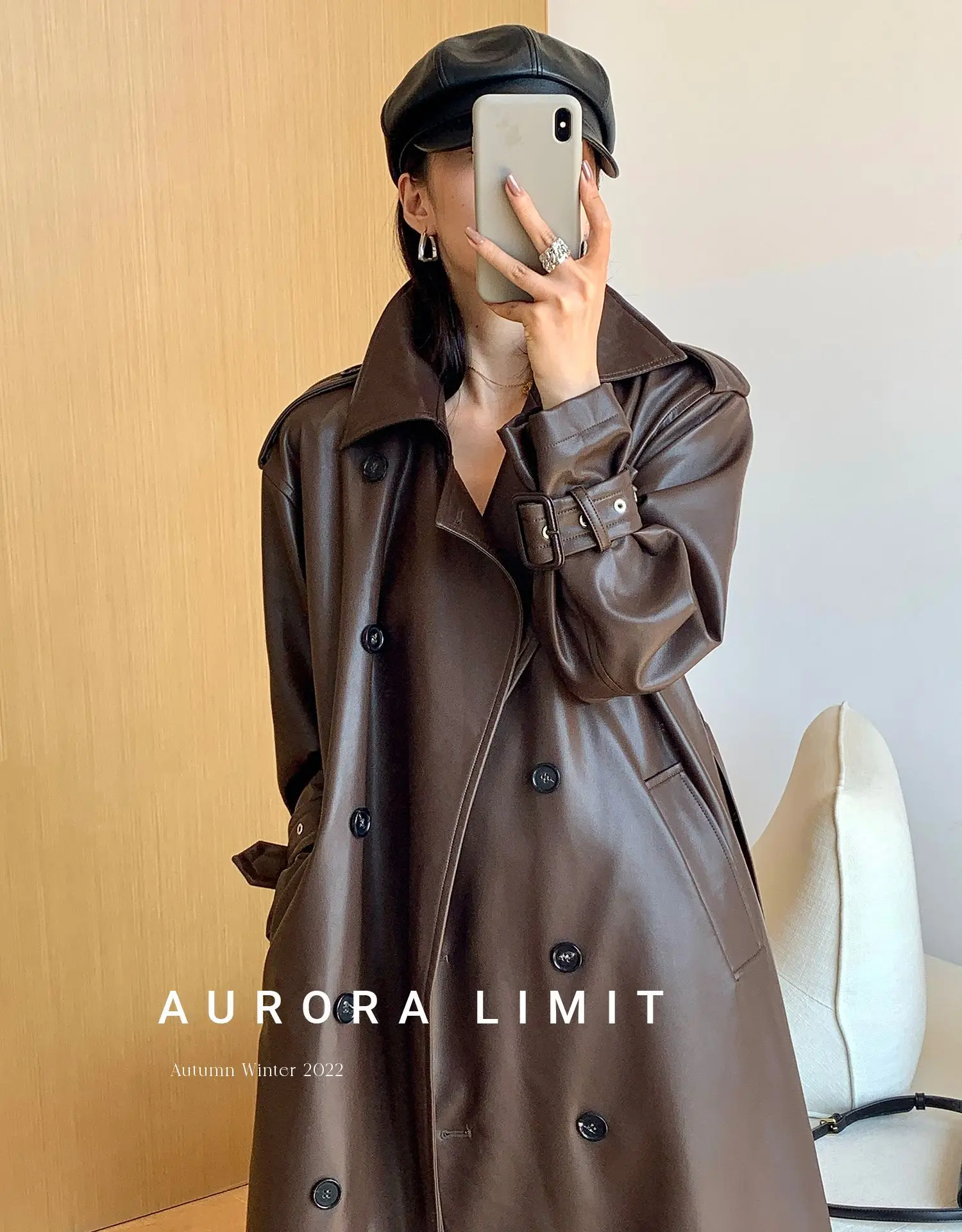 Lautaro Spring Autumn Long Loose Brown Pu Leather Trench Coat for Women Belt Double Breasted American and European Fashion 2023
