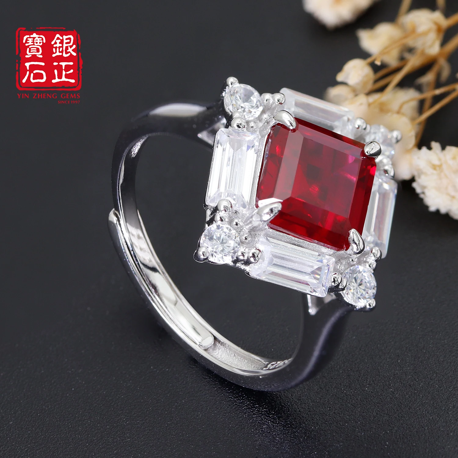YinZheng Rhombus Shape S925 Sterling Silver Lab Grown Ruby Resizable Ring For Wedding Engagement Valentine Gift Fine Jewelry
