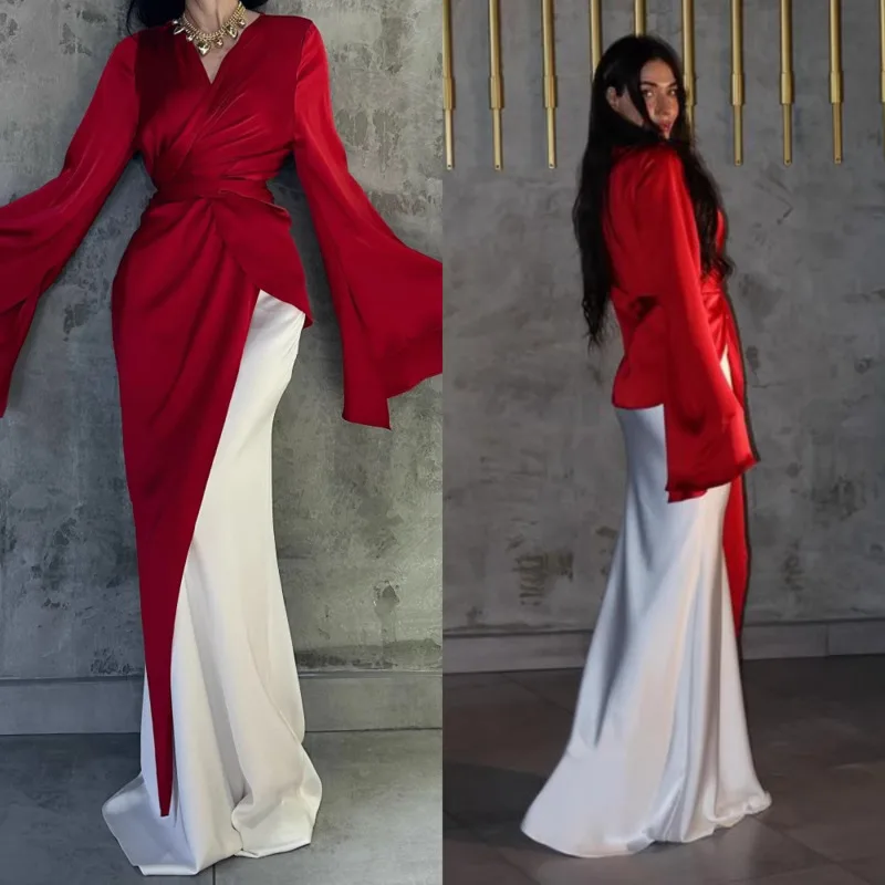 

Elegant V-neck Slim Satin Dress For Women 2025 New Fashion Flared Sleeve Colorblock Draped Pleated High Waist Long Party Gown