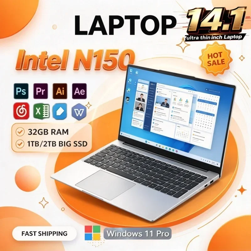Intel N150 Fashion Ultra-thin Portable Laptop 2026 Laptop Windows11 1/2TB Large SSD 14.1 Inch 16GB/32GB RAM
