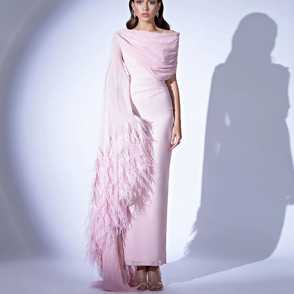 

Elegant Women's Chiffon Party Dress Shawl With Feather Fashion Pink Button Backless Vestido De Fiesta Elegante Para Mujer 2023