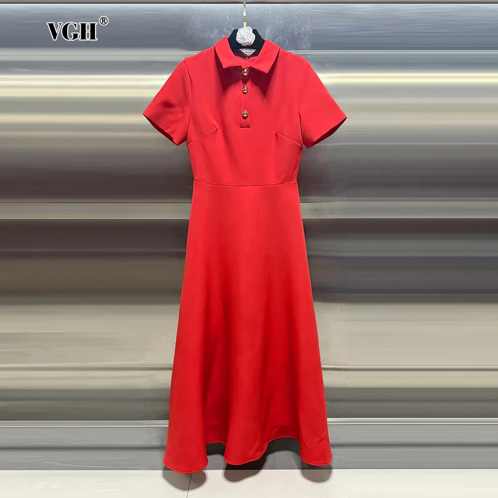 

VGH Temperament Slimming Solid Dresses For Women Lapel Short Sleeve High Waist Spliced Button Elegant Dress Female Fashion Style