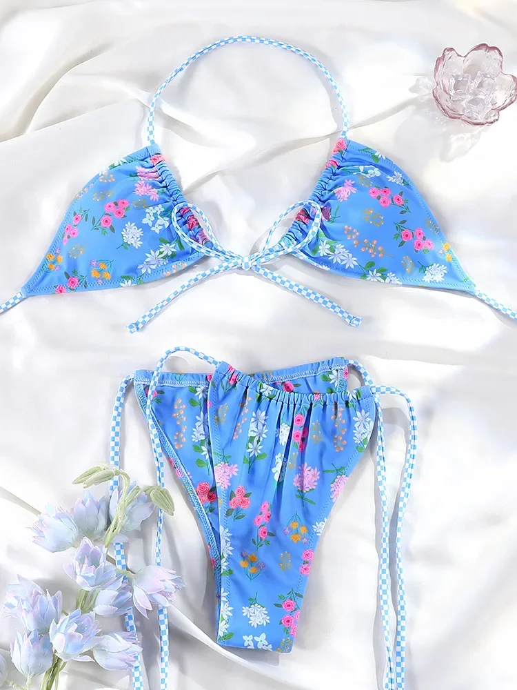

Floral Bikini Pink Swimwear Bow Swimsuit Women Low Waist Bathing Suit 2025 Summer Biquini Bandage Beachwear Sexy