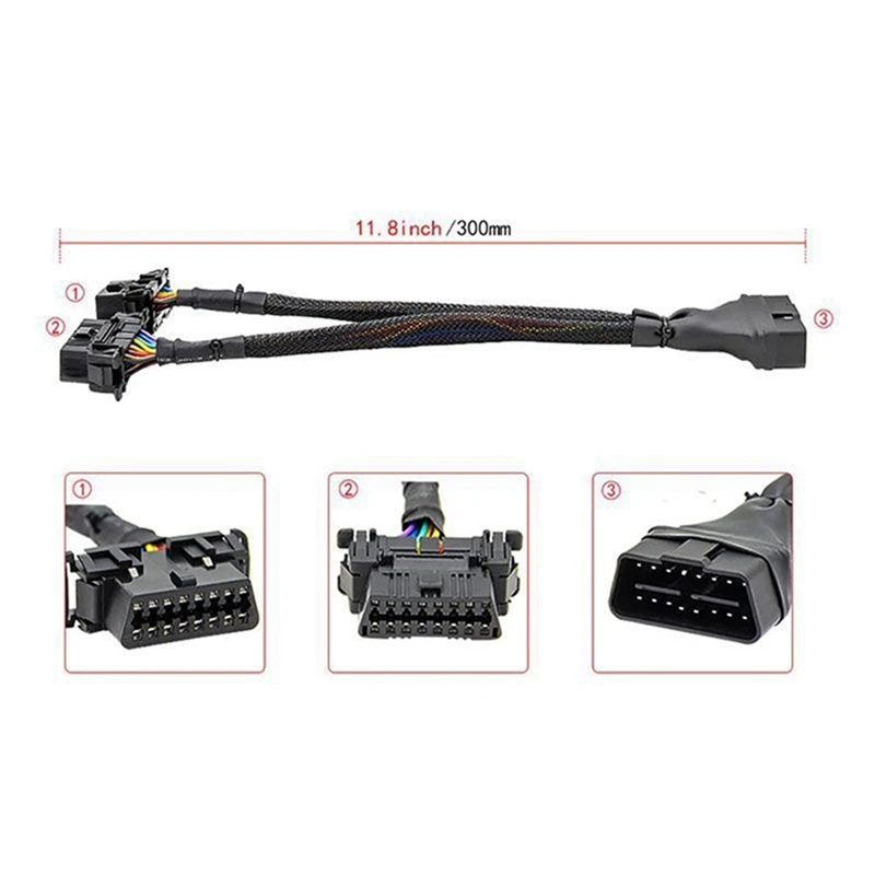 3X 2 IN 1 OBD2 Extension Cable OBDII Male To 2 Female Splitter Car Computer Connection Conversion Plug Socket 30CM