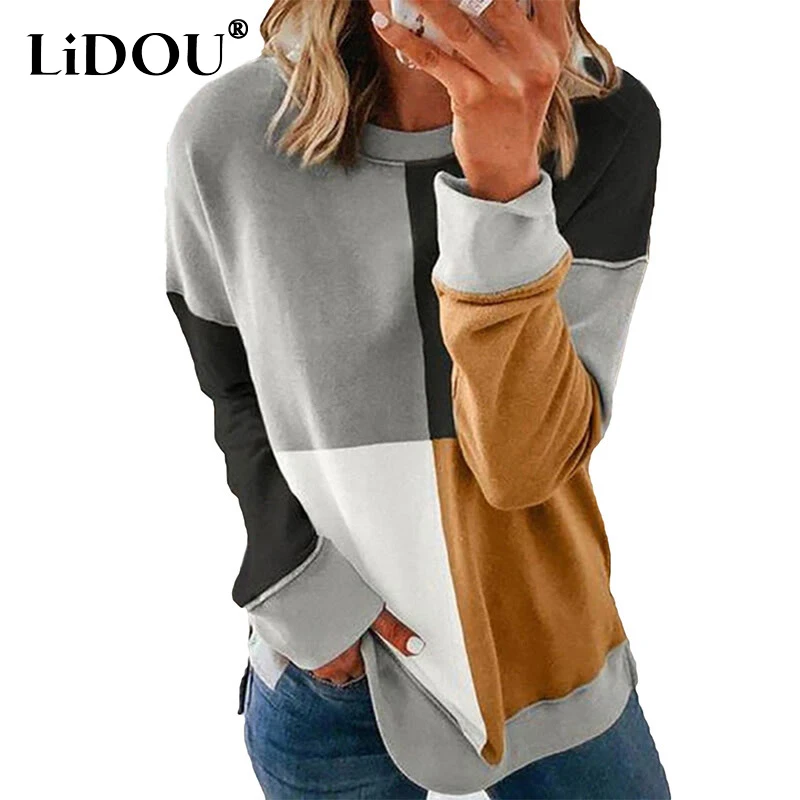 

2023 Autumn Winter New Round Neck Long Sleeve Mid-length Sweater Women Fashion Contrast Color Plaid Pullovers All-match Tops