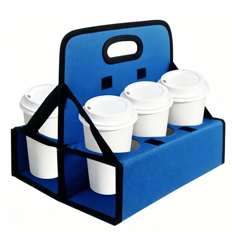 DTA4-Foldable Insulated Coffee Cup Carrier, 6 Cup Reusable Drink Holder Tote Bag For Takeaway Delivery Picnic Coffee Shop