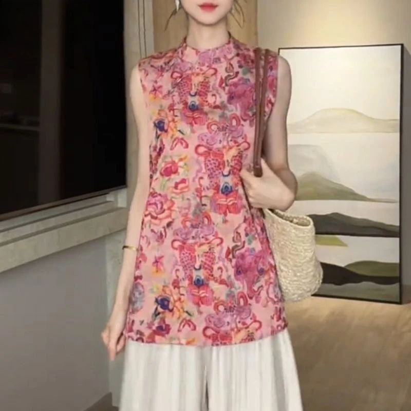 Nuevo traje chino sin mangas de gama alta para mujer, Top de Jacquard reductor de edad, pantalones de pierna ancha, conjunto de dos piezas que hace un aspecto más delgado