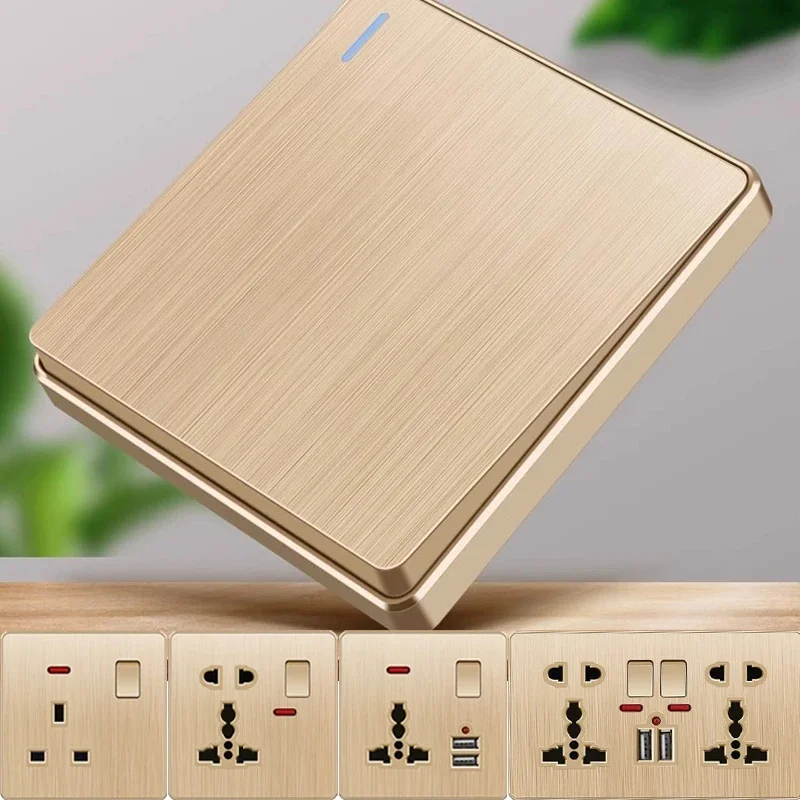 Gold 13A UK Plug USB Wall Socket,Household electric light switch,Universal 5 hole Dual Socket with USB Charger,AC110-250V