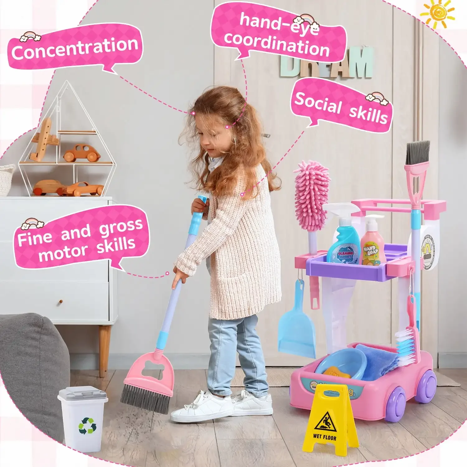 Kids Cleaning Set Toddler Cleaning Toy Set Pretend Play Housekeeping Educational Toy with Cart Broom Dust Pan Mop Christmas Gift
