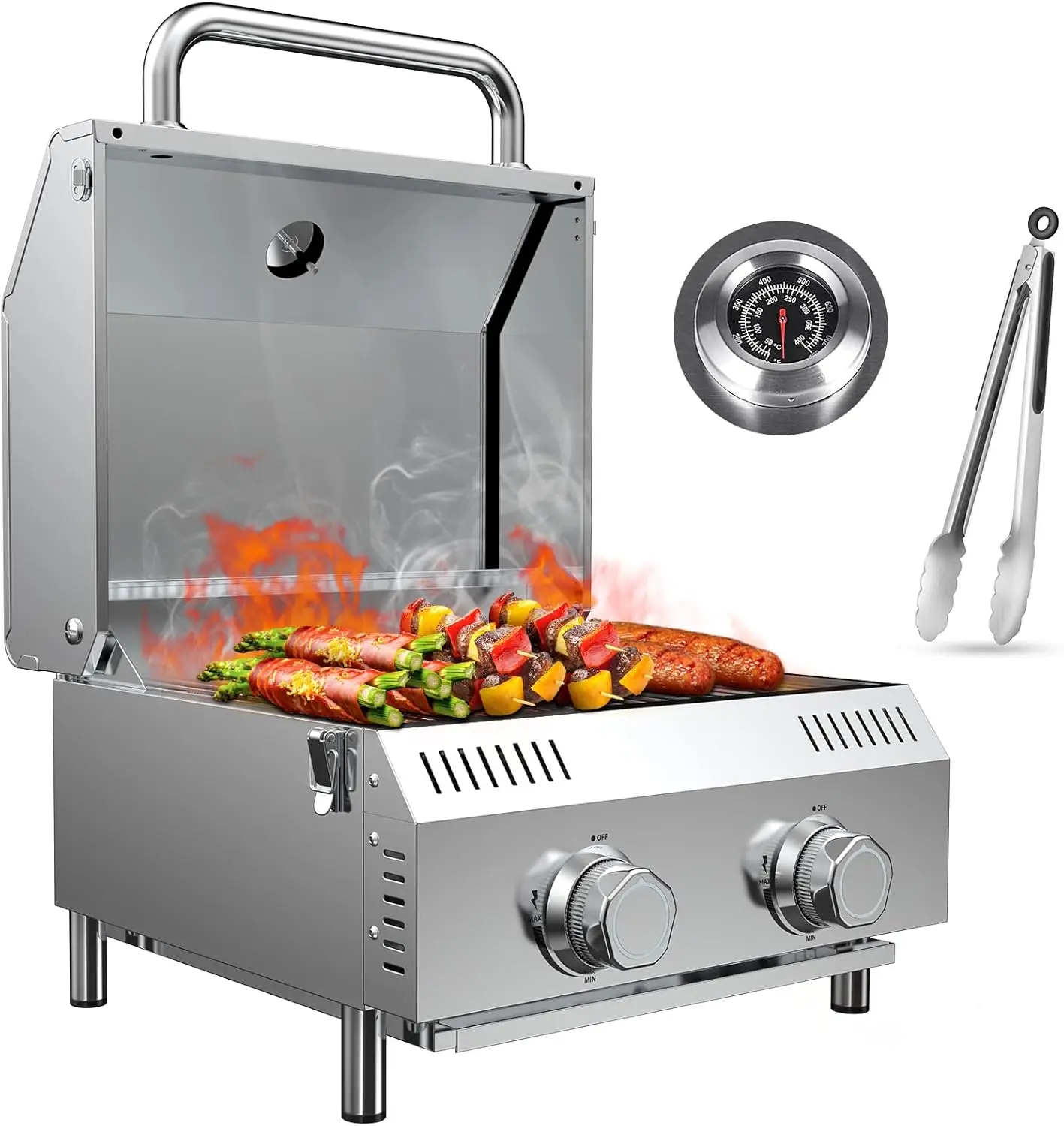 

2 Burners Tabletop Gas Grill, 20,000 BTUs Portable Stainless Steel Propane Grill with Legs for Tailgating, Outdoor Patio Backyar