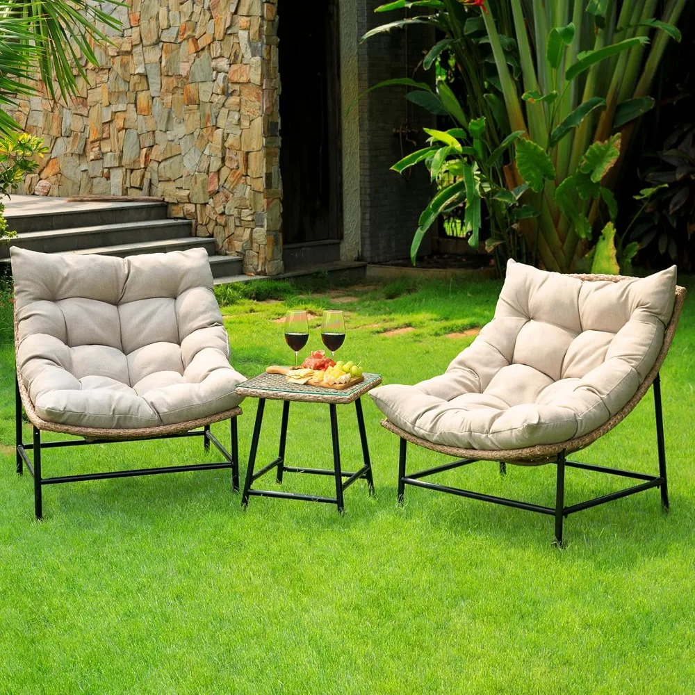 Caline Large Rattan Bistro Set Outdoor 3 Piece with Glass Side Table, Premium Olefin Thick Cushion, Upgraded 2000Hrs