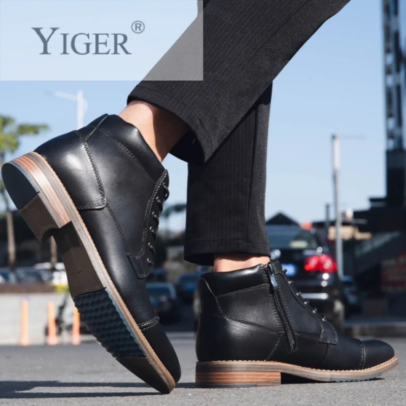 YIGER New Men Ankle Boots Genuine Leather Man Business Boots Male Lace-up Winter Casual shoes Big size High-top men\'s shoes 2024