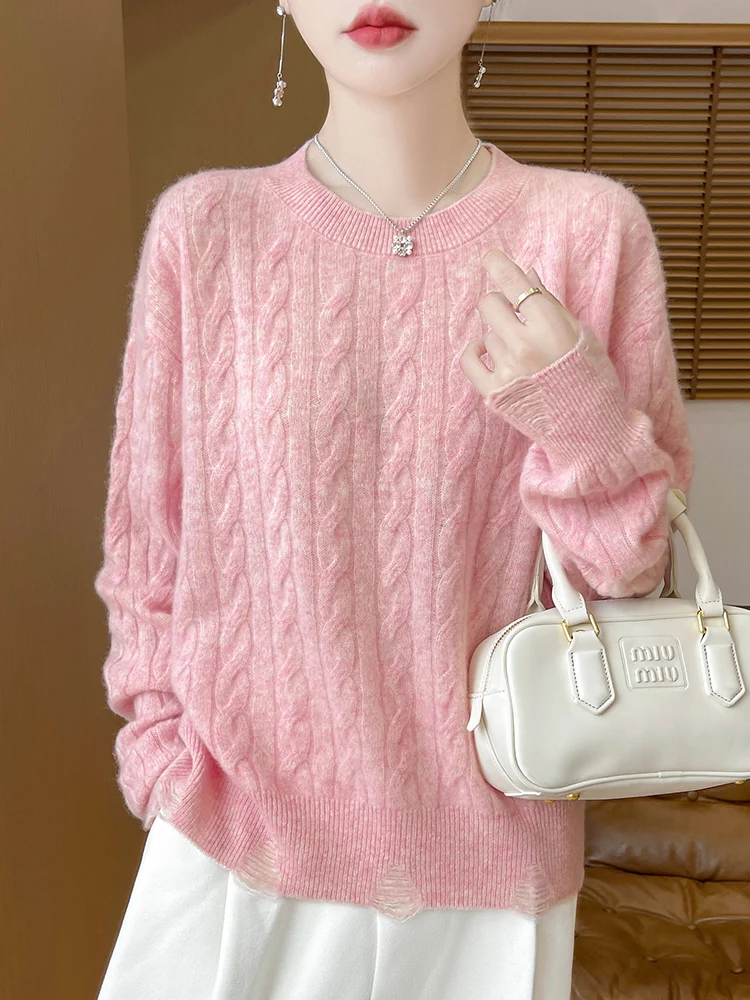 Women Cable Knitting Wool Pullover Sweater 100% Merino Wool Knitwear Autumn Winter Preppy Style O-neck Thick Cashmere Sweater