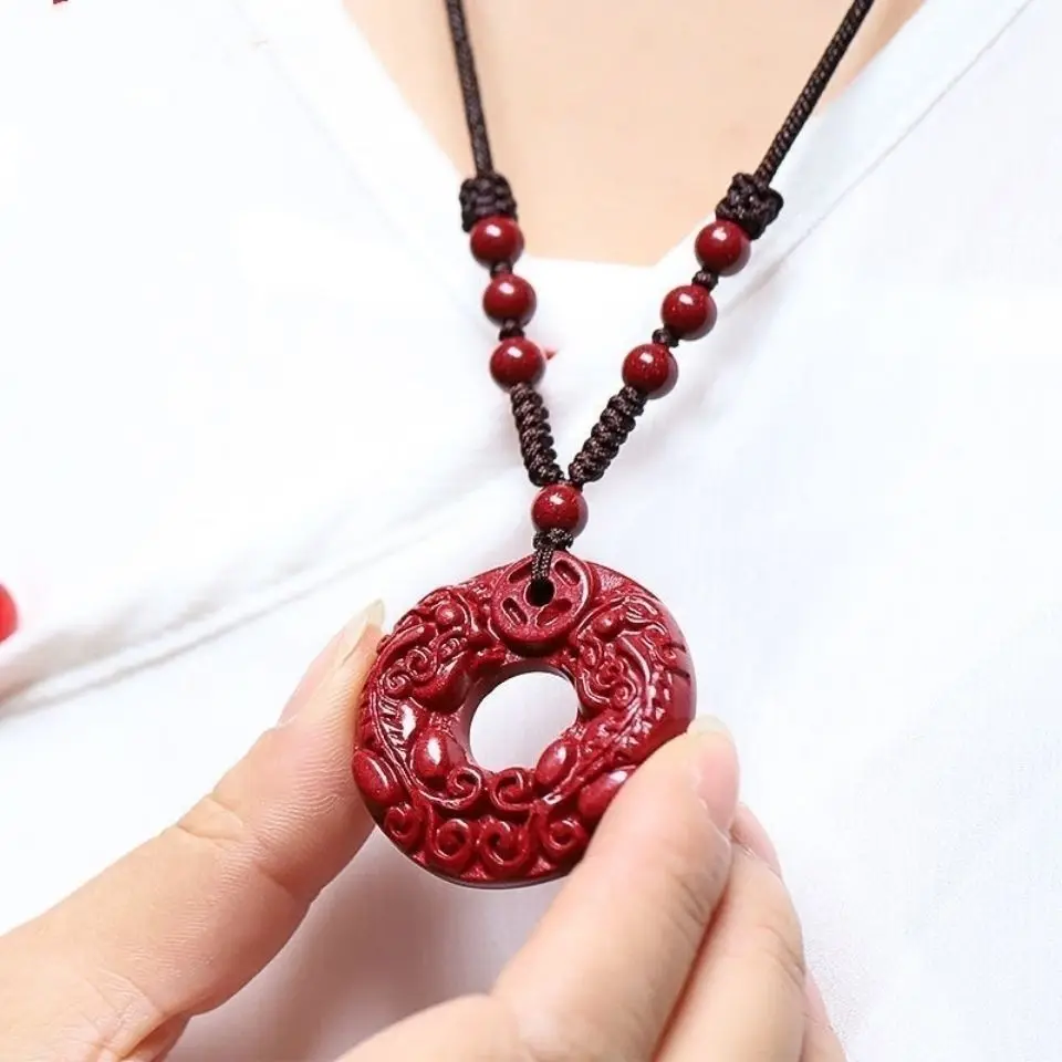 Chinese Style Cinnabar Carved Double Pixiu Peace Buckle Keychain Fortune Attracting Lucky Blessing Pendant Car Key Bag Hangings