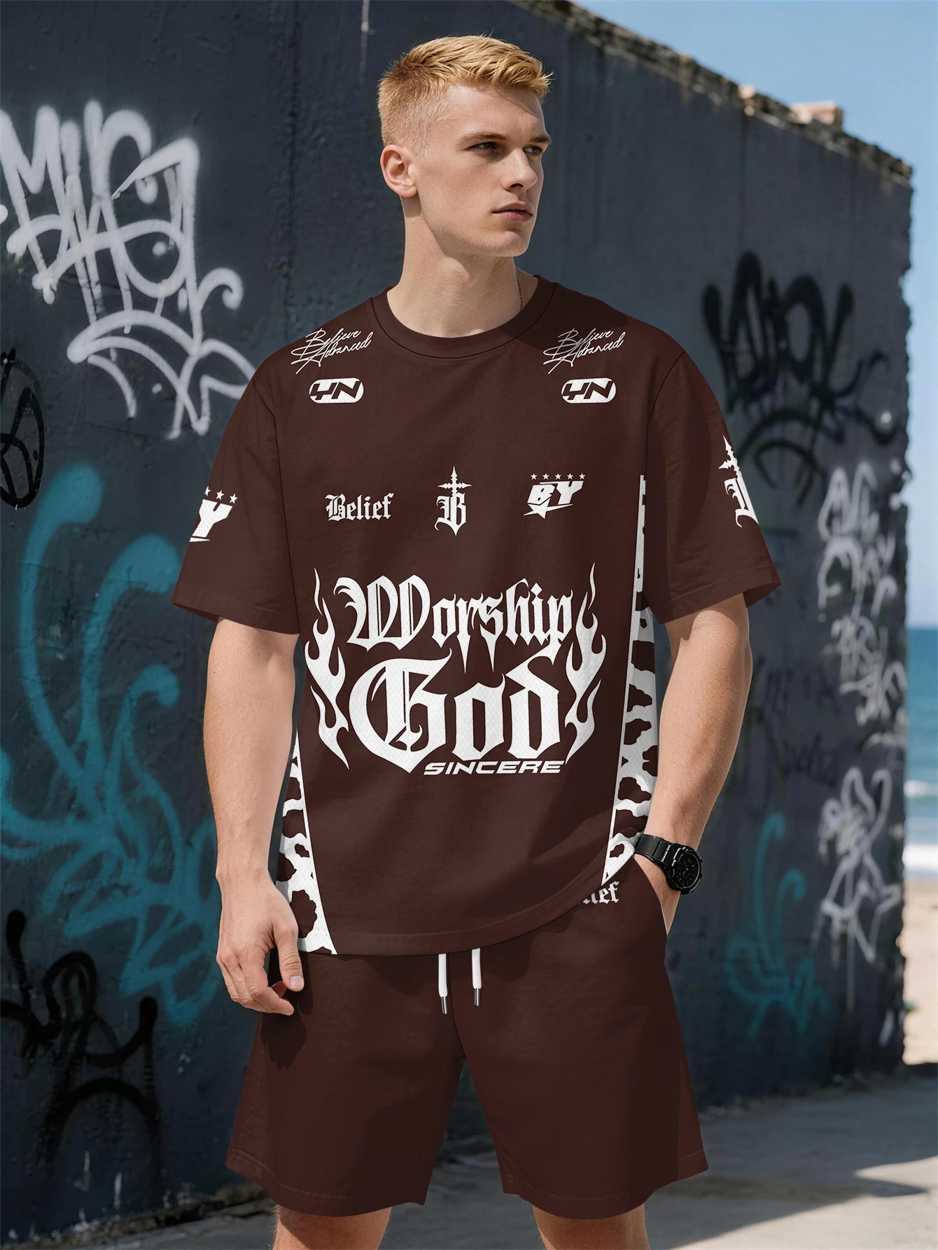 

2026 Summer New Men's Short-Sleeved Set with 3D Trendy Brand Letter Print Fashionable Street Style Comfortable Lightweight Soft