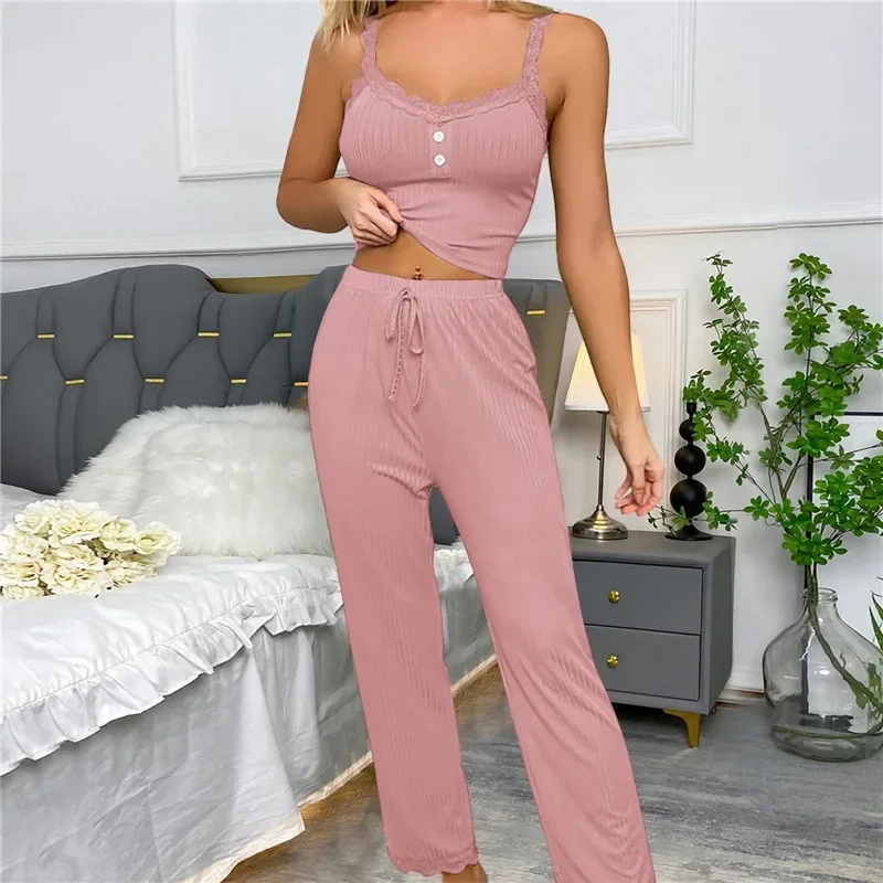 Autumn Winter Women's Two Piece Pajamas Set Lace Suspenders Tops and Long Trousers Pijamas Loungewear Sleepwear