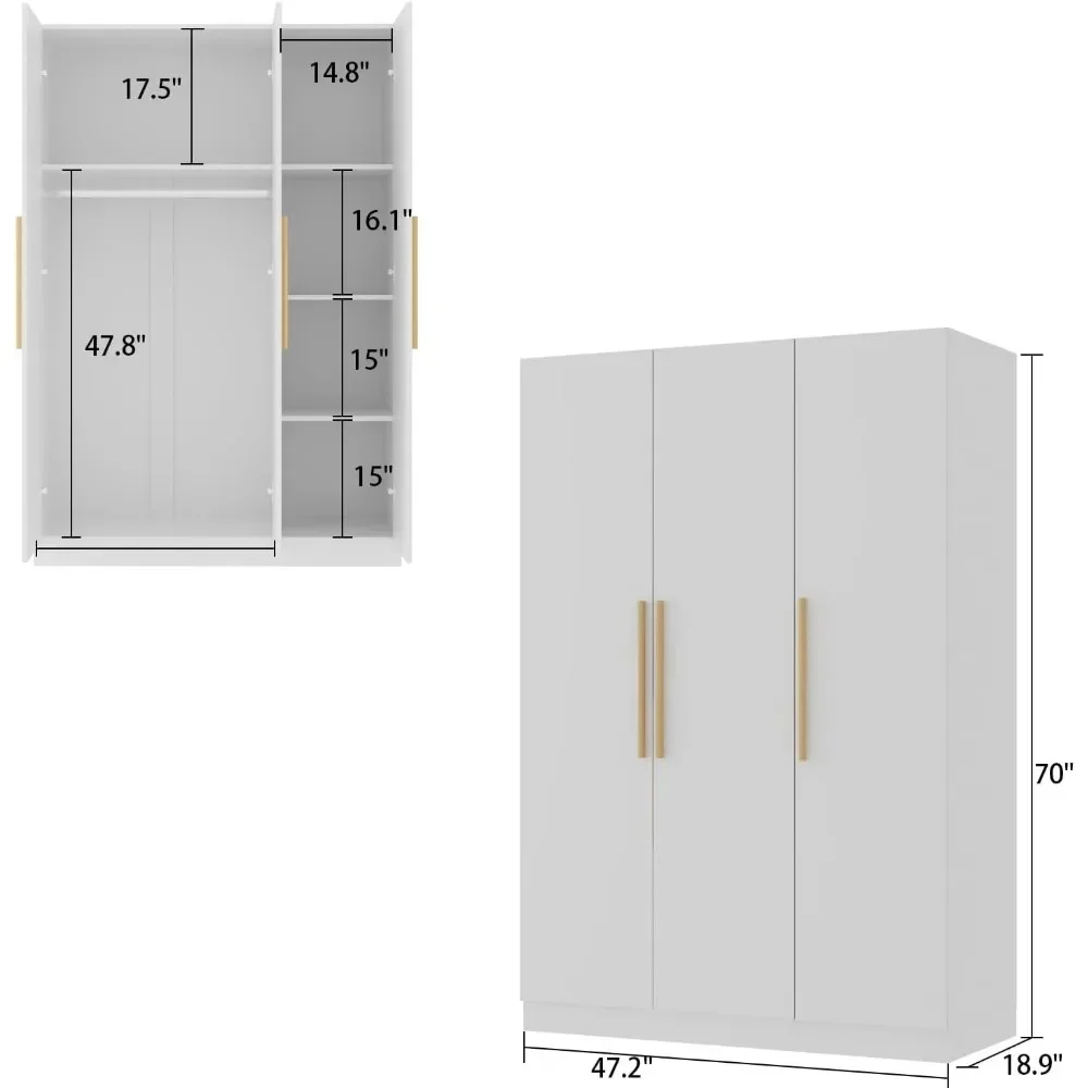 3 Doors Wardrobe Armoire Closet,Freestanding Cabinet with Shelves 2Hanging Rod,Bedroom Clothes Storage Cabinet Organizer,White