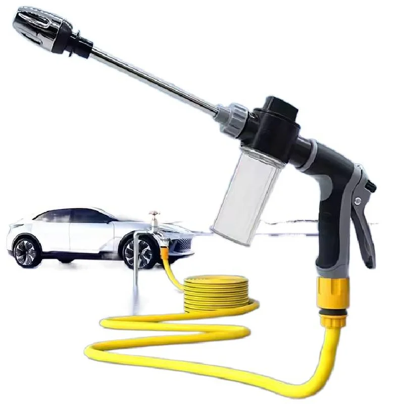 Long Handle High‑Pressure Car Washing Water Gun with Foam Kettle, Heavy‑Duty Metal Joint, Multi‑Function Sprayer Nozzle for RV External Cleaning Car Wash Garden Hose Shower Watering