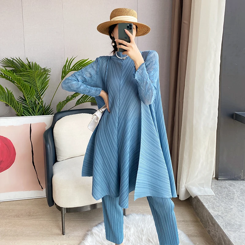 Miyake Pleated Two Piece Set Fall 2023 Winter New Loose Casual Suit French Lace Fashion Long Dress Top Pencil Pant Women Clothes