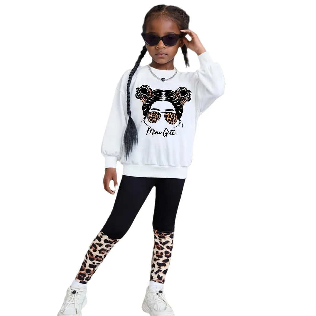 الفتيات ربيع الخريف أزياء الملابس مجموعات طفلة طويلة الأكمام الكرتون طباعة البلوز + ليوبارد ضيق بنطلون بدلة رياضية