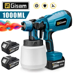 Pistola pulverizadora elétrica sem fio, 1000ml, alta potência, hvlp, pulverizador de tinta, móveis automotivos, revestimento de aço, aerógrafo para makita, bateria de 18v