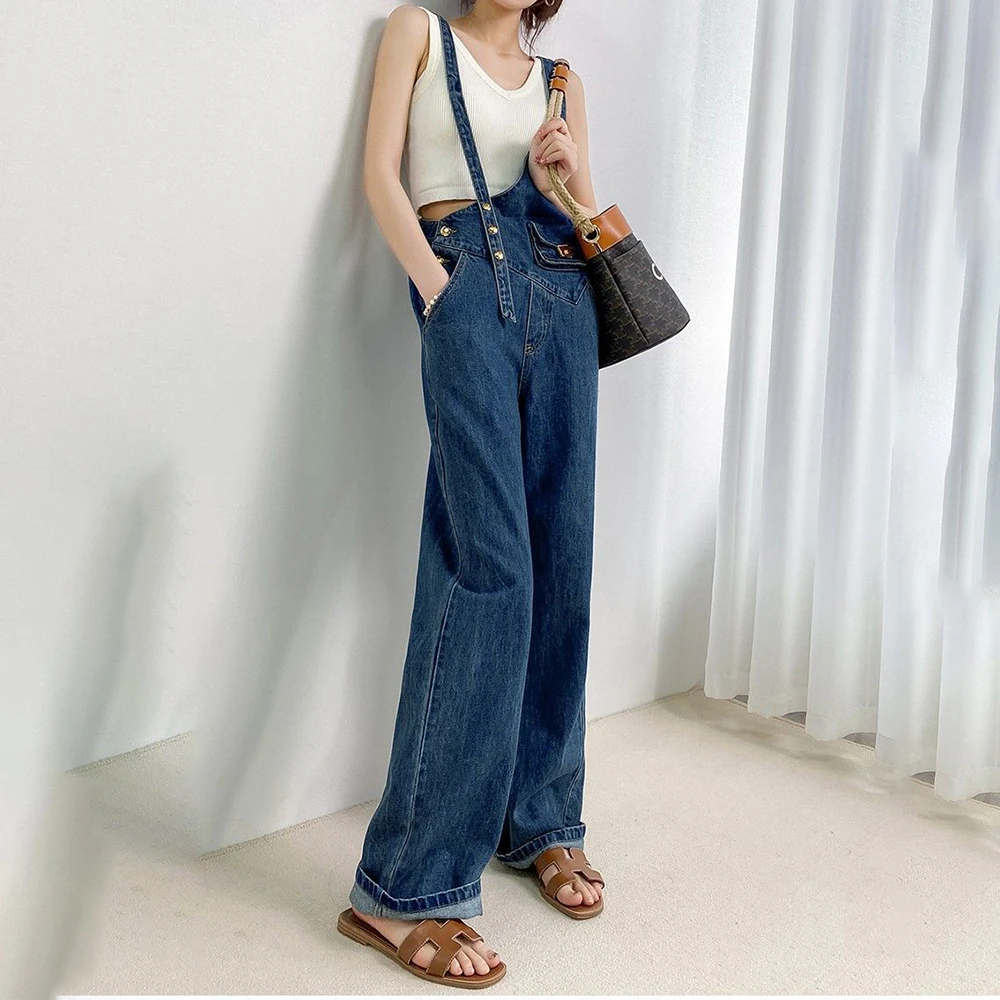 

Asymmetrical fanny pack denim overalls slim 2025 new metal buckle loose versatile floor trousers y2k pants