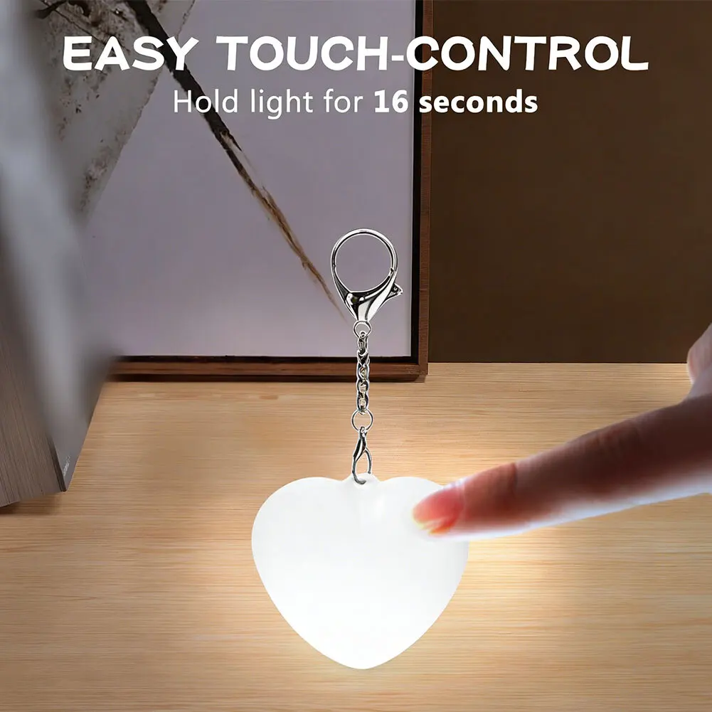Portable Touch Activated Heart Shaped Lamp Set of 3 with Clip for Keychain Use in White 5.2x2.2cm for Commuting