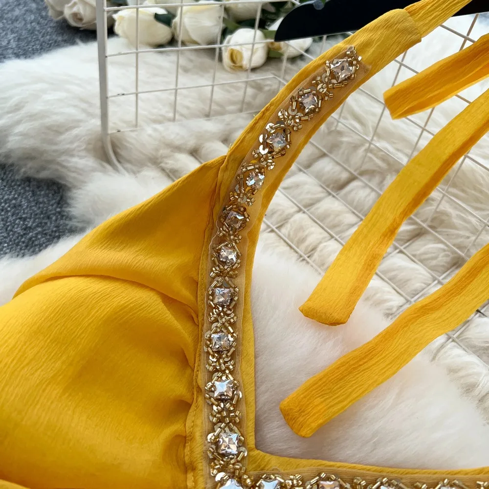 Sexy Neckholder ärmellos Strass Vintage koreanische Mode Abend A-Linie Kleid Zeremonie Kleider Damenbekleidung