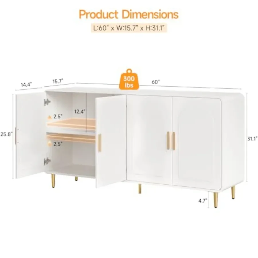 60 Sideboard Buffet Cabinet for dining room, MDF wood white finish, scratch-resistant surface and smooth-gliding drawers