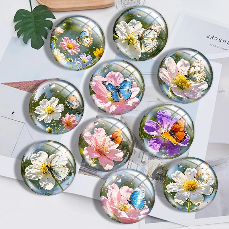Dreamy Butterfly Flower  10pcs 12mm14mm/16mm/18mm/20mm/25mm Round Photo Glass Cabochon Demo Flat Back Making Findings Jewelry