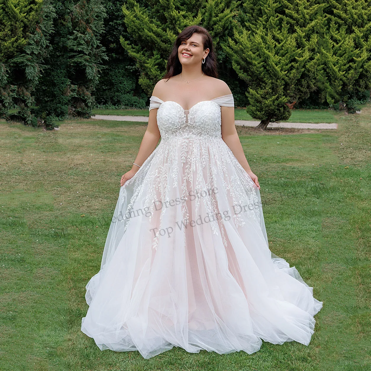 

Plus Size Beach Wedding Dresses A-Line Lace Appliques Bridal Gown Removable Puff Sleeves Off Shoulder Robe De Mariée Customized
