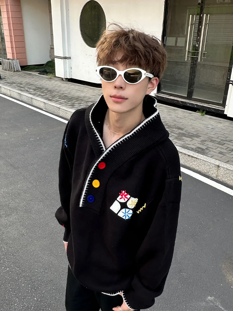 

Hooded Knitted Sweater Men's Sle Autumn Faion Brand Dopane Button Lazy Sle Couple Outerwear Embroidered Patchwork