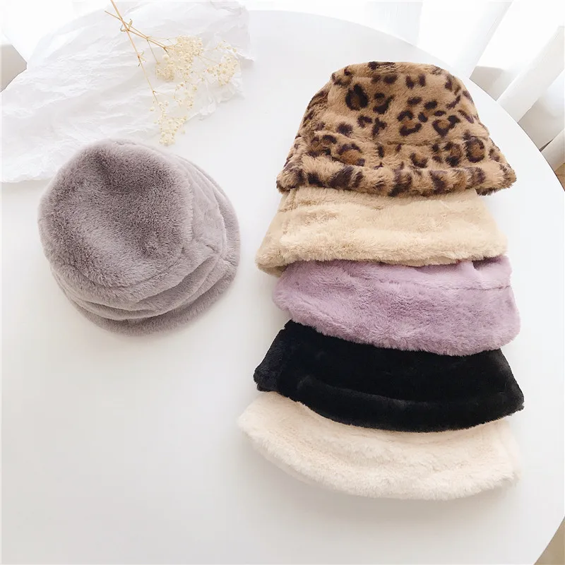 HoneyCherry Fall and Winter Rabbit Fur Leopard Print Solid Hat Children Bucket Fisherman Hat Plush Basin Fashion Hat for Kids