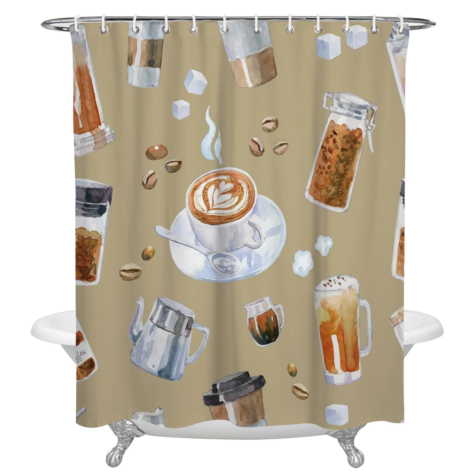 Coffee Cup Coffee Beans Waterproof Bathroom Decoration Shower Curtain With Hook Printed Bathtub Curtains Bathroom Accessories