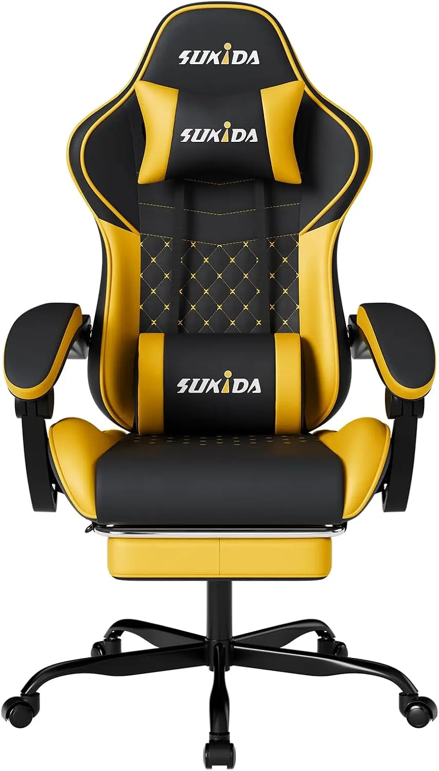 Ergonomischer Gaming-Stuhl mit Massage-Lendenwirbelstütze, Verstellbarer Kopfstütze und Fußstütze, Drehbar und Neigbar für Erwachsene