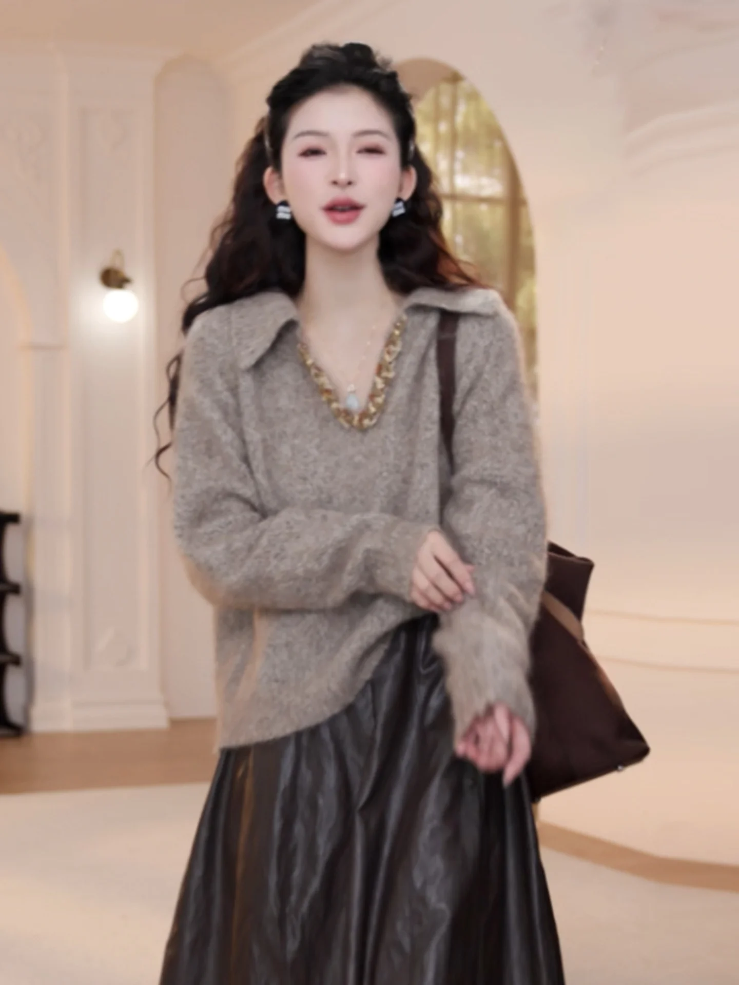 Ele Pure Color Long Sve вязаный свитер простой дизайн удобный крой осенний модный повседневный шикарный женский вязаный топ