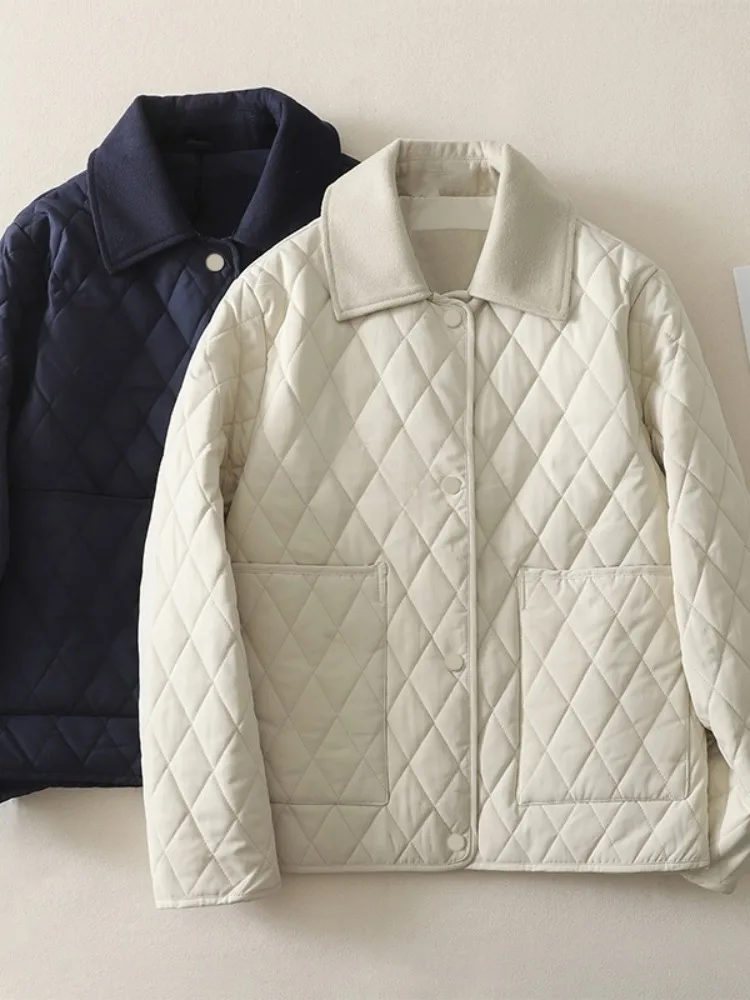 

Lightweight Woolen Collar Diamond Pattern Cotton Jacket Women's Winter Warm Casual Short Coat Cotton Clothes Apricot Color